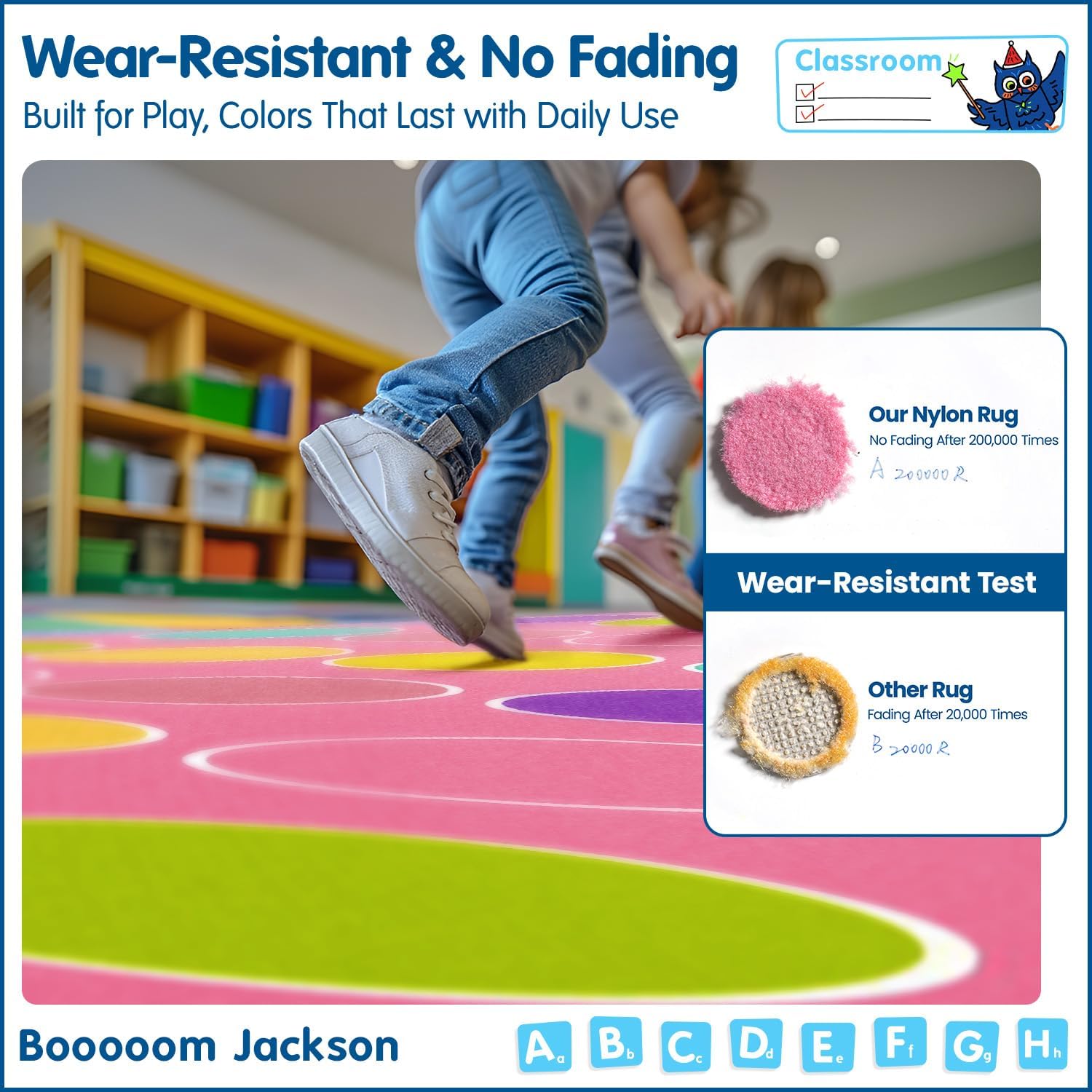 Booooom Jackson Pastel Classroom Rug Elementary, Large Pink Kid Rugs Fade-Resistant with 24 Seats Cute Circle Pattern Carpet Colorful Seating Rug for Preschool, Daycare 7'5''x13' Nylon Material