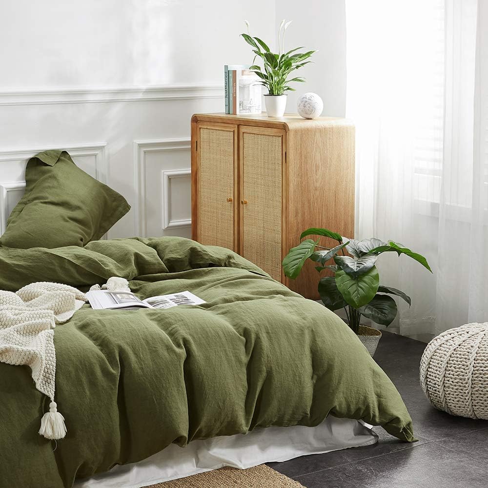 Simple&Opulence 100% Linen Duvet Cover Set 3pcs Basic Style Natural French Washed Flax Solid Color Soft Breathable Farmhouse Bedding with Button Closure - Olive Green, King
