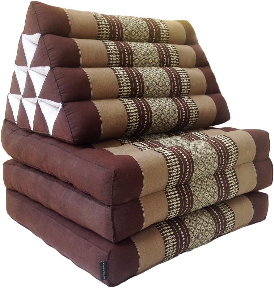 Collumino Traditional Thai Kapok 3 Fold Meditation Mattress with Oriental Style Triangle Recliner Cushion for Yoga Massage or Relaxation (Brown)