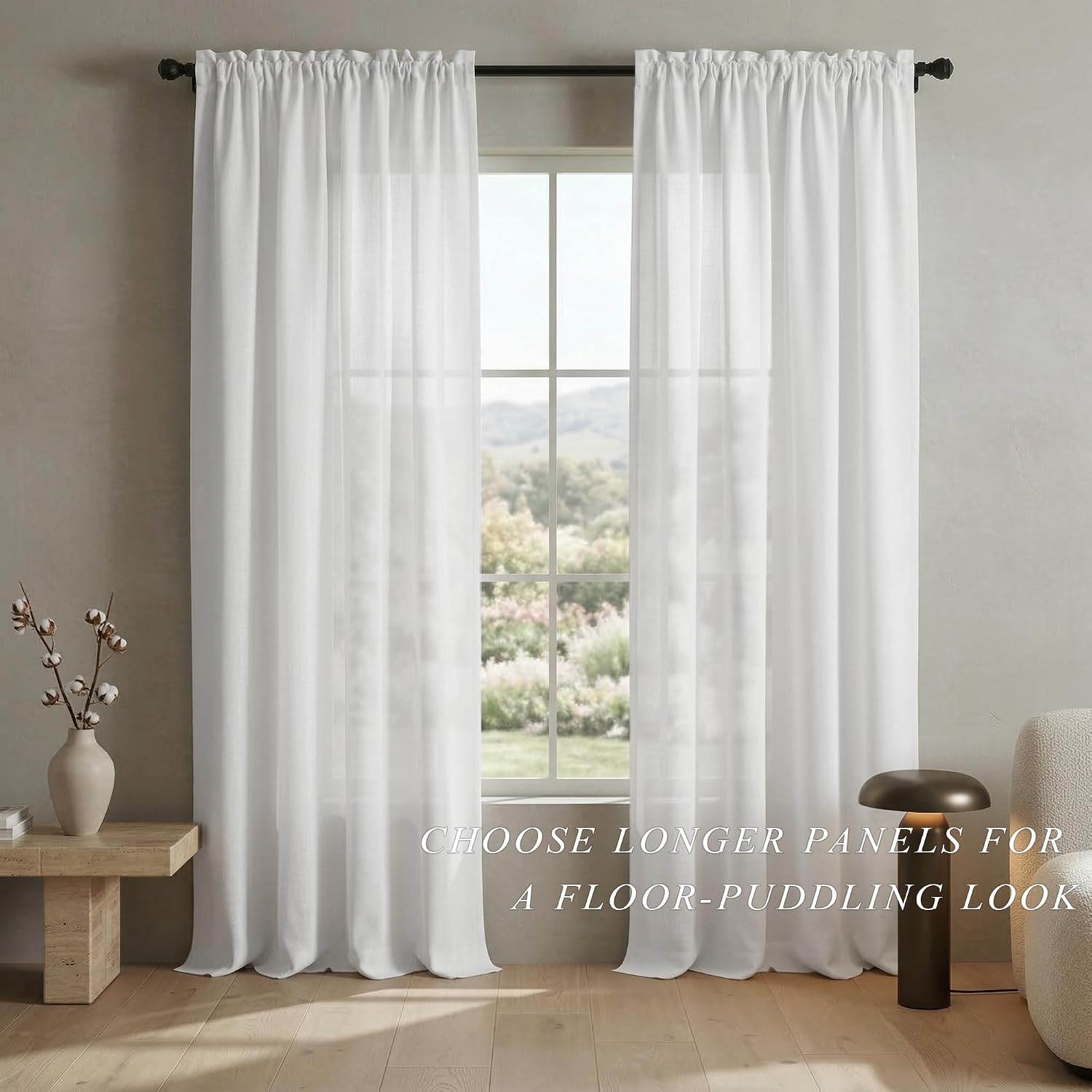 Natural Slub Linen White Semi Sheer Curtains, 84 Inch Casual Rod Pocket Ruffle Gathered Top Airy Flat Window Drapes for Coastal Modern Farmhouse/Boho Bedroom Living Room Office Sunroom, 52" W x 84" L