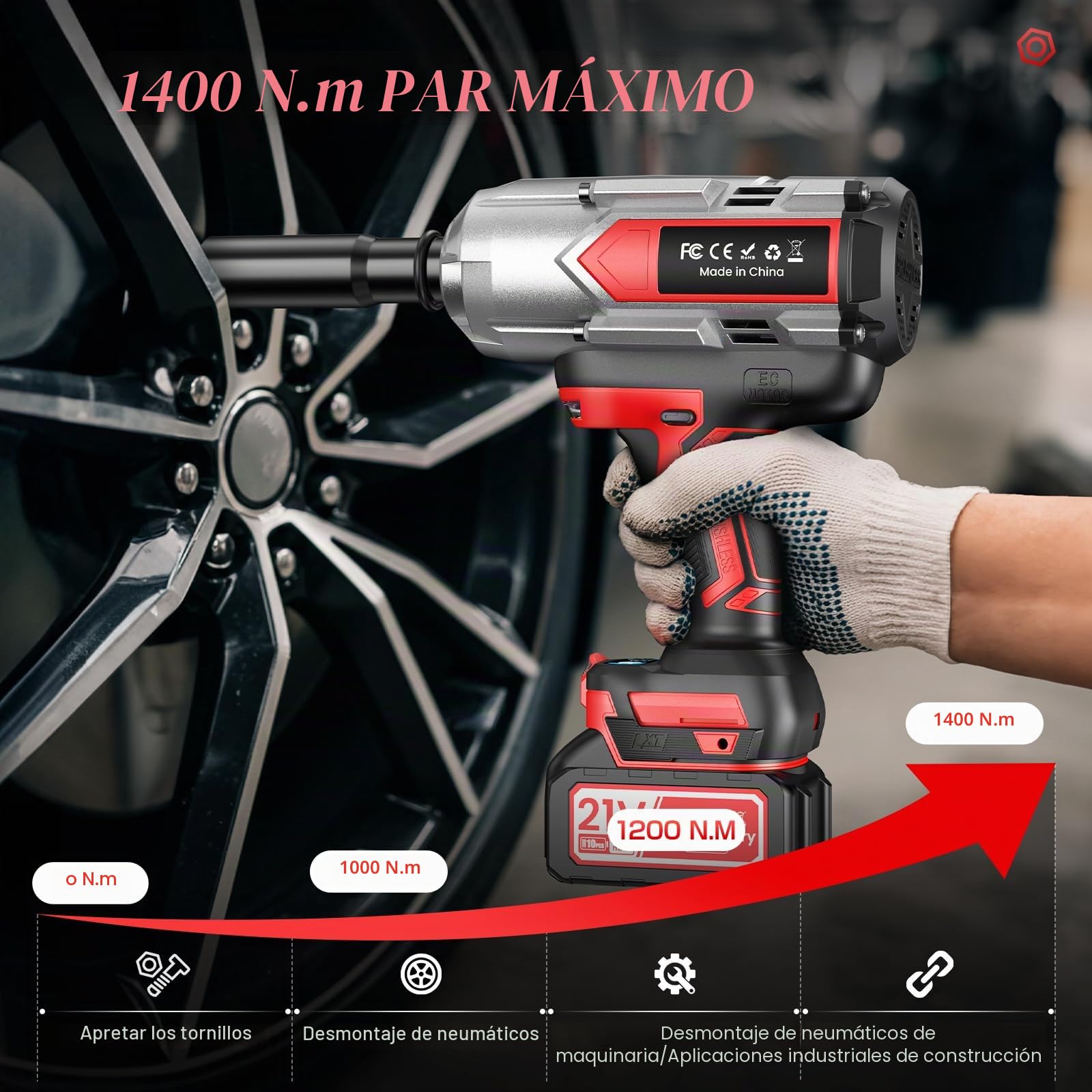 Llave De Impacto Inalámbrica De 1200 Nm, Equipada Con 2 Baterías De 4000 Mah, 5 Llaves De Vaso, 1 Adaptador De 1/2 Pulgada a 3/4 Pulgada, Ideal Para Uso En Automóviles, Camiones y El Hogar.