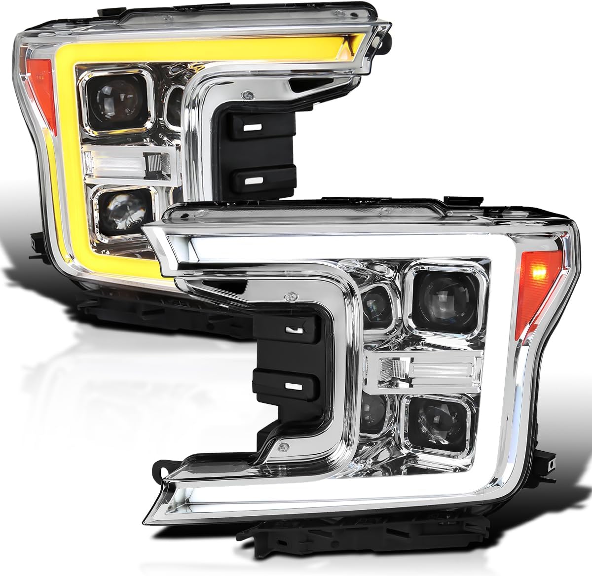 SPEC-D TUNING Black Sequential Switchback Projector Headlights w/LED Light Bar Compatible with 2018-2020 Ford F-150, Left + Right Pair Headlamps Assembly