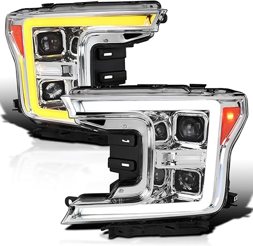Spec-D Tuning Barra de luz LED, carcasa cromada, lente transparente, señal secuencial, proyector compatible con Ford F150 2018-2020, conjunto de