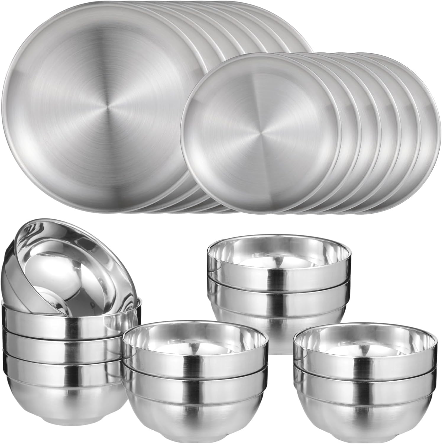 Stainless Steel Plates And Bowls Set, 20 Pieces, 6.7 & 10.2 Plates, 5.1 Bowls, Ideal For Home And Camping