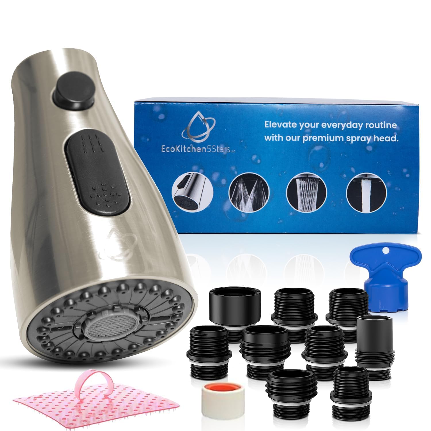 Kitchen Faucet Head Replacement – Pull-Down Sprayer for Moen, Delta| 3-Mode Sink Faucet Spray Head with 15 Adapters, Brushed Nickel, Kitchen Sink Sprayer Replacement.