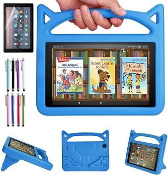 Case for Amazon Fire HD 10 Inch Tablet 11th Generation, 2021 Released - Lightweight Shockproof Kickstand Handle Kids Cover Case + 1 Screen Protector and 1 Stylus Blue
