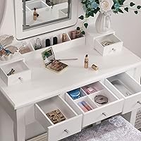 Vista 4 de BEWISHOME Tocador, Juego de tocador para niñas con espejo y luces, pequeño tocador de maquillaje con 5 cajones y taburete, mesa de tocador con 3