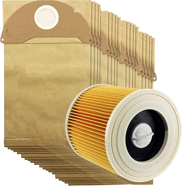 Spares2go Hoover Bags and Pleated Filter for Karcher Vacuum Cleaners (Cartridge Filter + 20 Bags)
