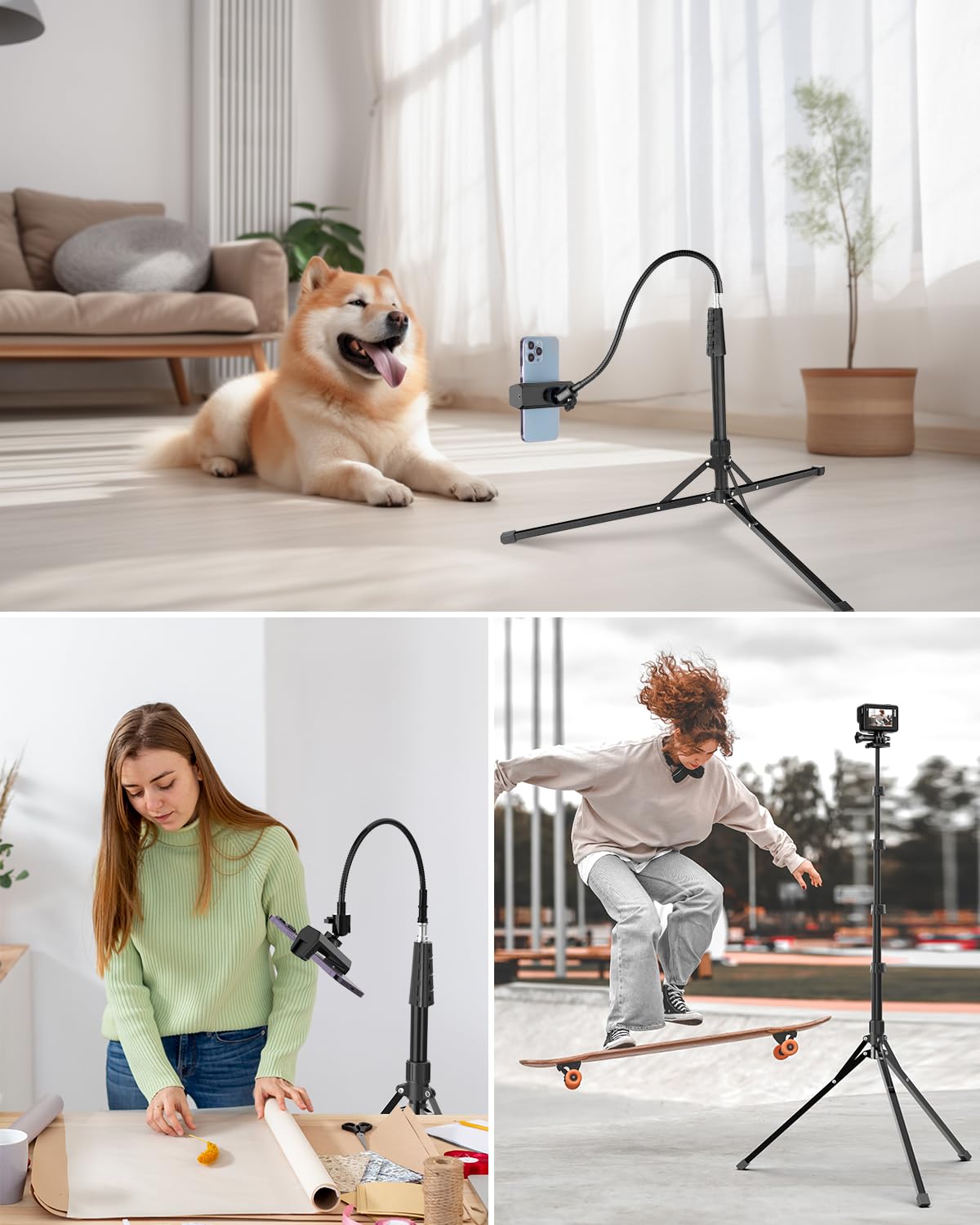 Aureday Phone Tripod, 92" Cell Phone Stand with 15" Gooseneck, Remote and Phone Holder, Overhead & Selfie Stick for Recording/Watching/Vlog, Compatible with iPhone Android: 92in Black