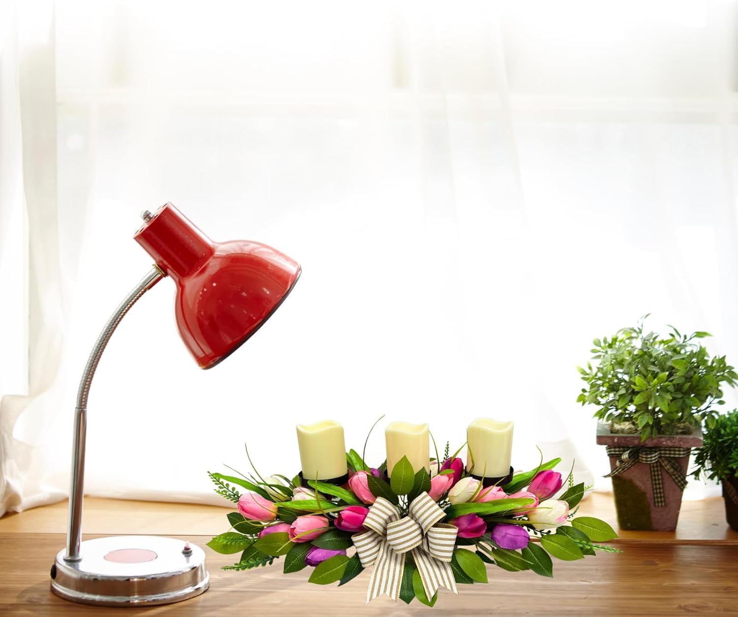 Svndlyn Spring Summer Candle Holder Centerpiece for Table,Artificial Tulip Flowers and Bows,Artificial Eucalyptus Leaves for Spring Outdoor Home Decor Table Centerpiece Decor Dining Room Decor