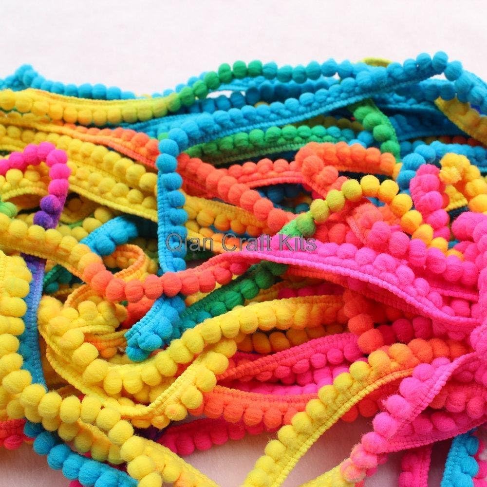 QIAN 60 Yards neon Changing Tiny Pom Pom Trim (pom Size 5mm), Mini Colorful Rainbow Trim, Pom Trim lace Ribbon