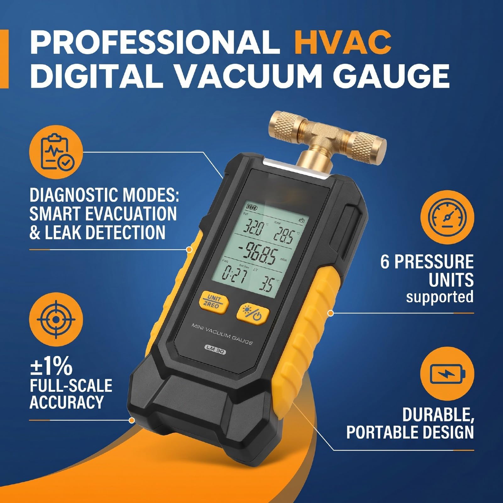Luocute Vacuómetro Digital, Medidor de Vacío HVAC con Evacuación Inteligente y Detección de Fugas, Resolución de 0,01 Bar, Interruptor de 6 Unidades, Precisión ±0,1%, Calibración