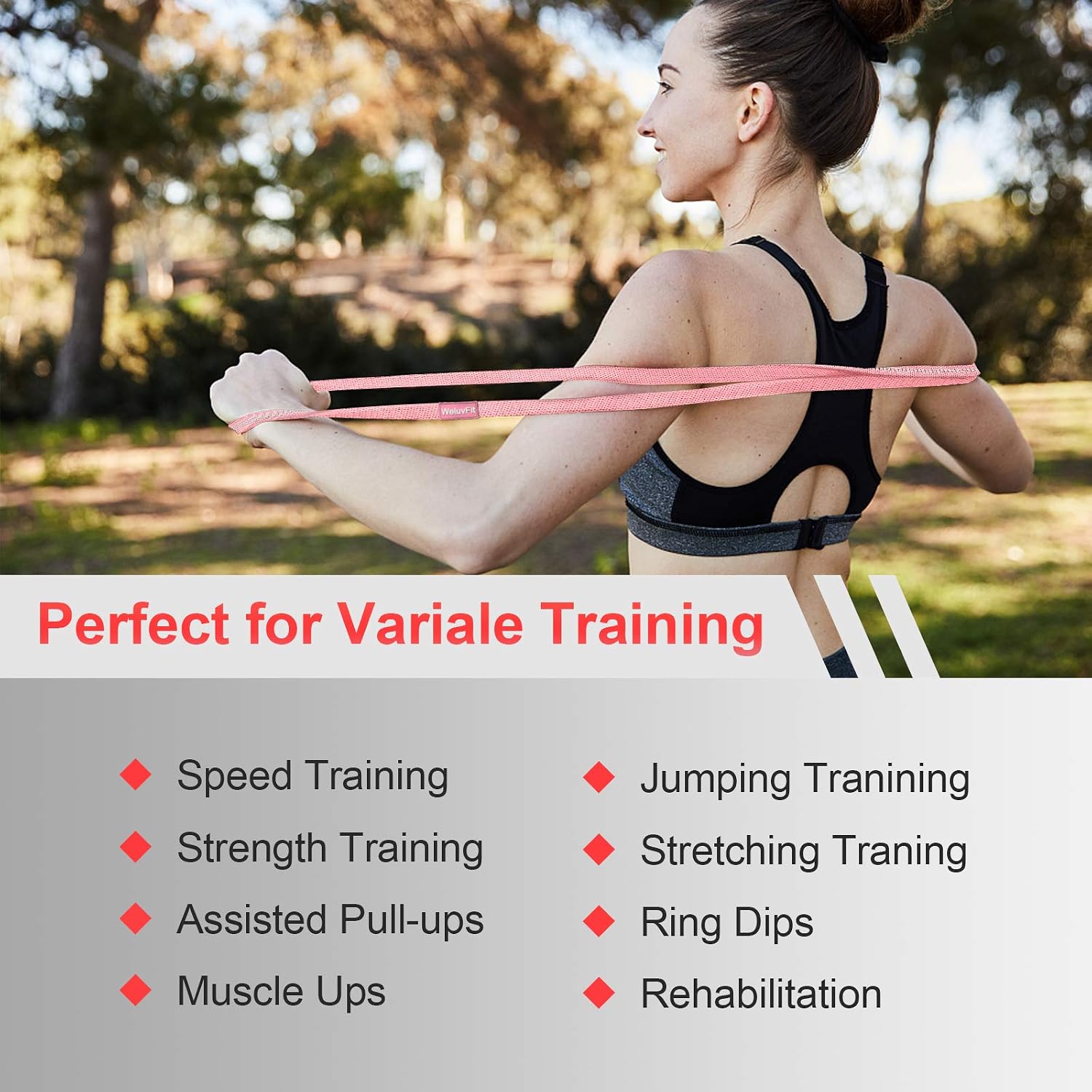 Mujer sosteniendo una banda de resistencia, con texto que indica su idoneidad para entrenamiento de velocidad, entrenamiento de fuerza, dominadas asistidas, muscle ups, entrenamiento de salto, entrenamiento de estiramiento, fondos en anillas y rehabilitación.