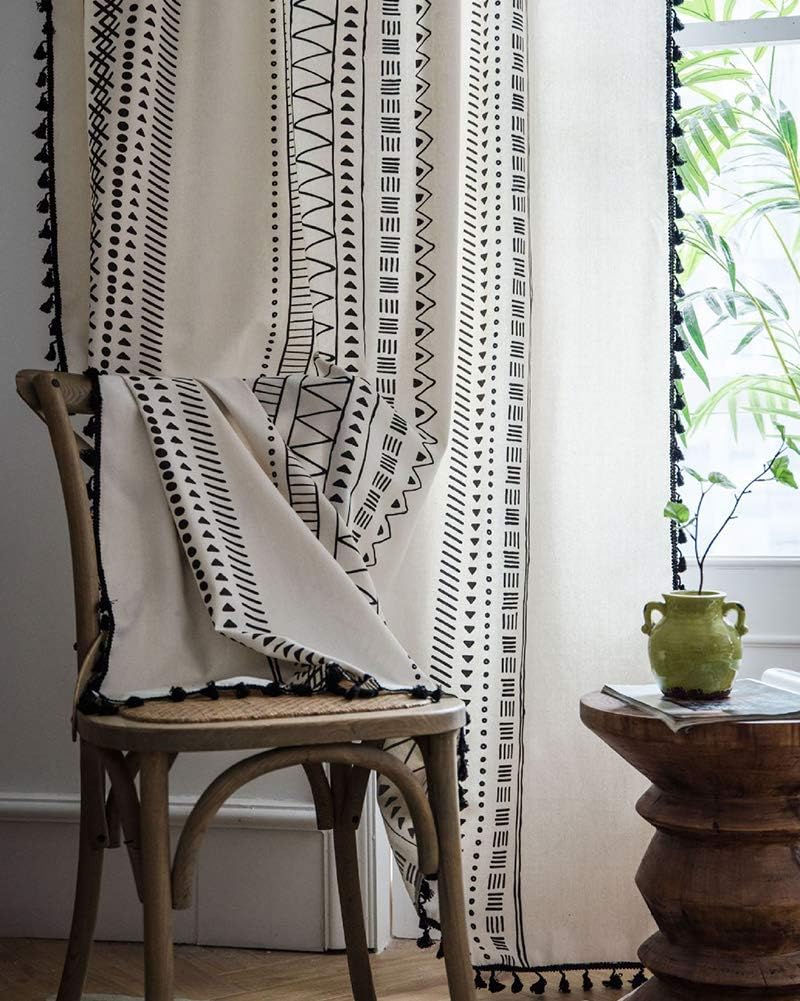 vctops Boho Cotton Linen Window Curtains with Tassels Geometric Print Country Style Room Darkening Curtain Panel for Bedroom Living Room, 1 Piece (59"x94",Black)