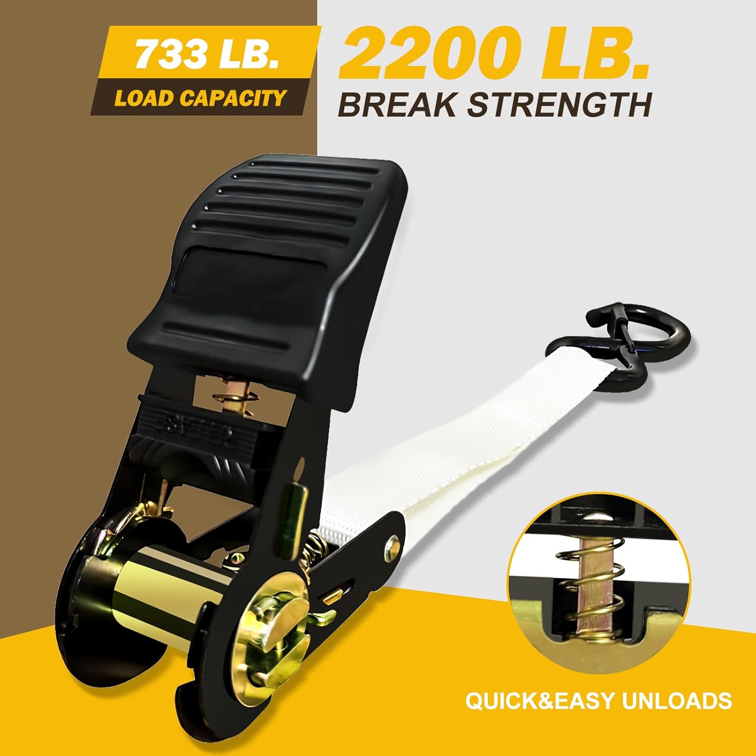 Heavy Duty 1" x 15' Ratchet Straps (4 Pack) - 2200 lb Break Strength with Soft Loops & Coated S-Hooks for Truck, Trailer, Motorcycle, ATV, UTV, Boat, Car Accessories (White)