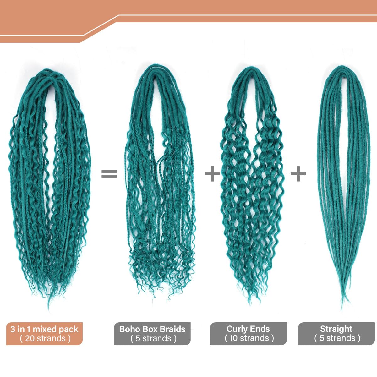 Double Ended Dreadlock Extensions Sets, 15 Strands 3 In 1 Mixed DE Dreads Hippie Style Boho 15 Strands Handmade Soft Double Ended Curly DE Dreads with Curly Dreadlocks for St