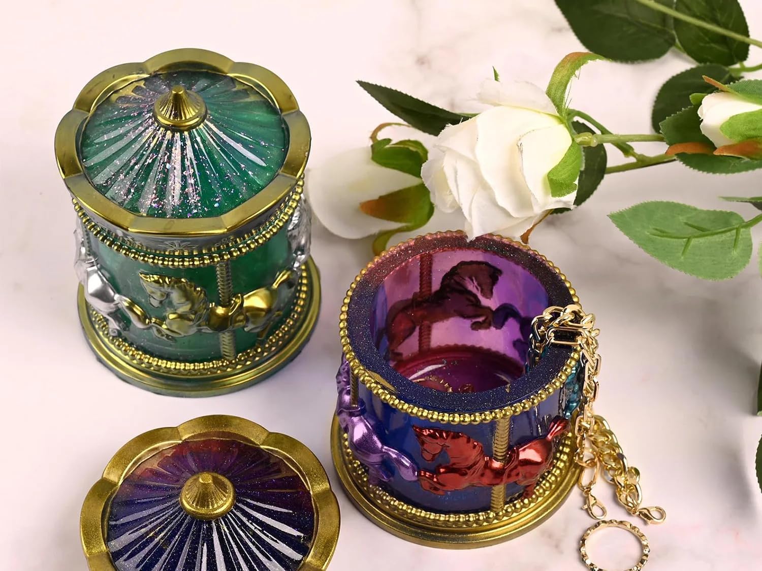 Carousel Box Resin Mold with Lid Trinket Holder Jar Silicone Mold Jewelry Ornament Storage Box UV Epoxy Resin Casting Mold for DIY Jewelry Display Box Candle Holder