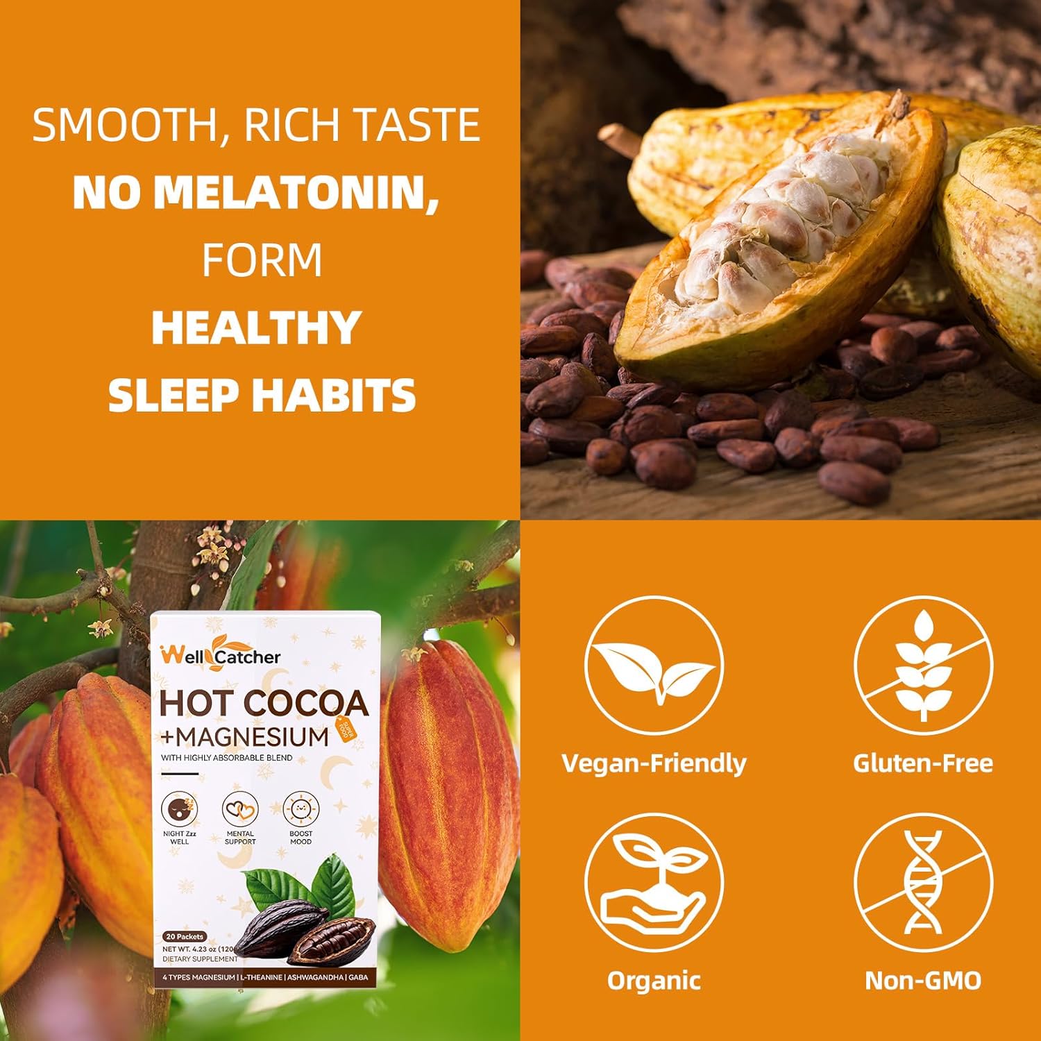 Nighttime Sleep Hot Cocoa with Magnesium: Mushroom Hot Chocolate Powder with Ashwaganda Lion's Mane Reishi Support Healthy Mood Sleep, Melatonin-Free Vegan Organic Non-GMO 20 Servings - Image 7