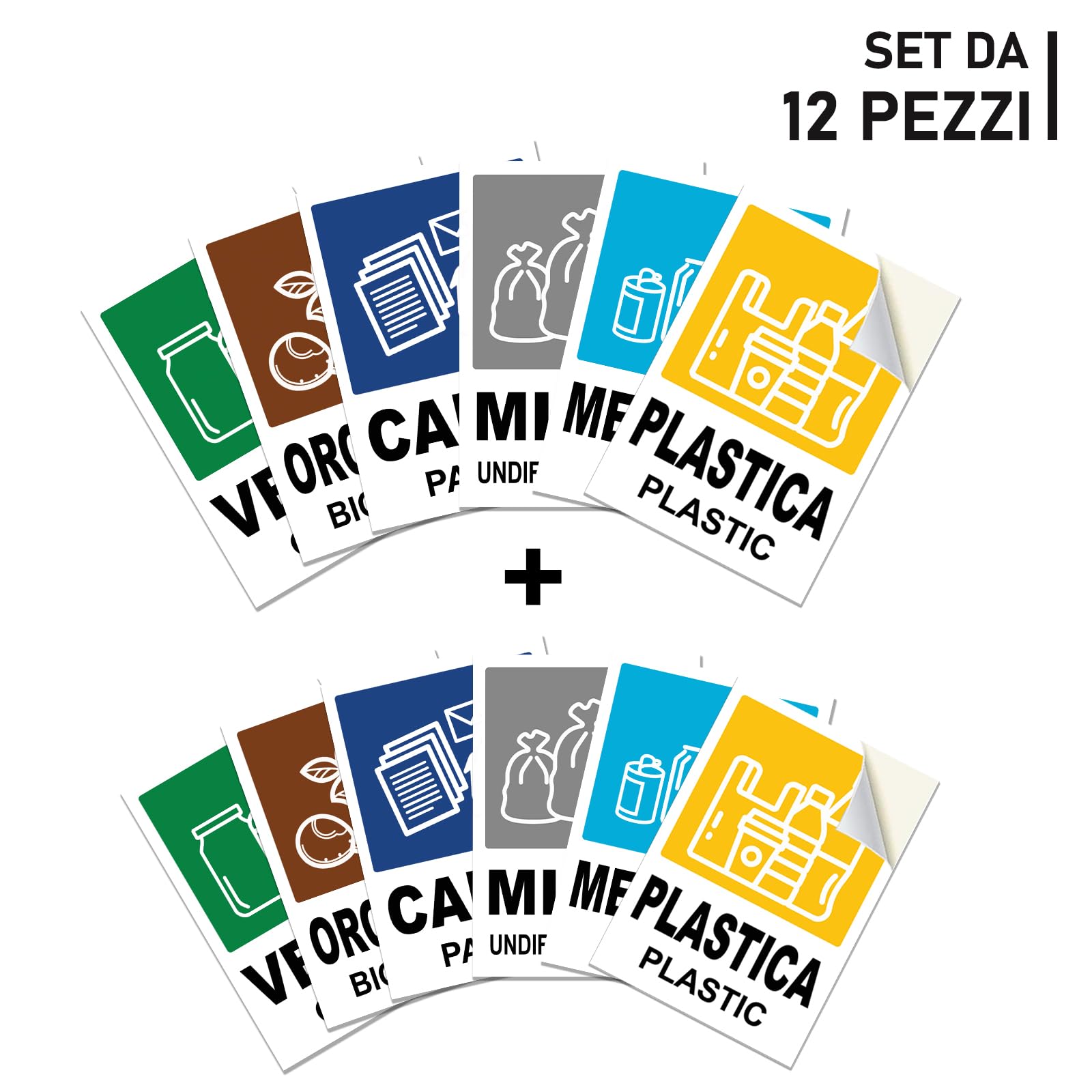 12 Adesivi GRANDI XL per Raccolta Differenziata - Formato 21cm x 15cm - Etichette per Contenitori Rifiuti in Italiano e Inglese - Adesivo per Riciclo Lavabile Antigraffio Resistente
