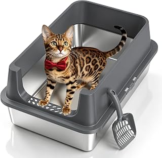 XL Open Top Stainless Steel Litter Box Large with High Sides,Gray | Extra Large Metal Cat Litter Pan , XL Litter Box, Non-Stick Easy Clean Anti-Leak Kitty Litter Pan, Odor Control, Open Top