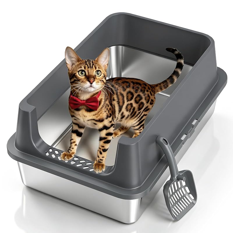 Caixa de Areia para Gatos em Aço Inoxidável com Laterais Altas Tevila Dark Gray, Pacote com 1