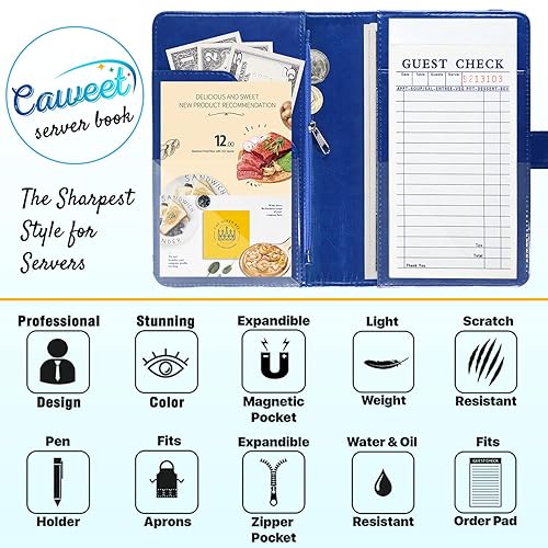 Miniatura 2 de Libreta para camarera de cuero para camarera, organizador de libro con bolsillo con cremallera, lindo libro de camarero con cierre magnético, diseño