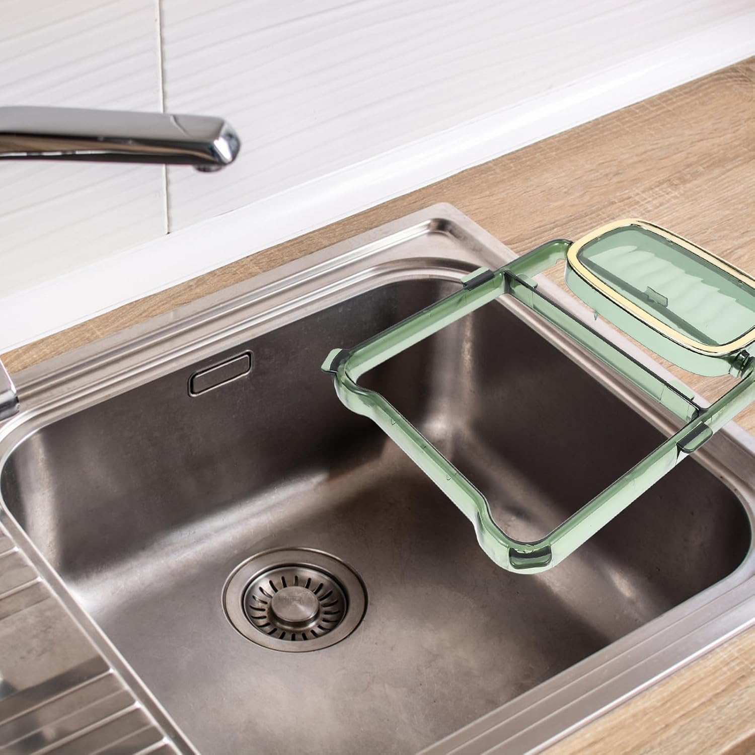 Foldable Kitchen Sink Food Strainer Rack, Drain Basket for Kitchen Sink, Green Mesh Filter Holder for Food Residue Storage and Drainage,