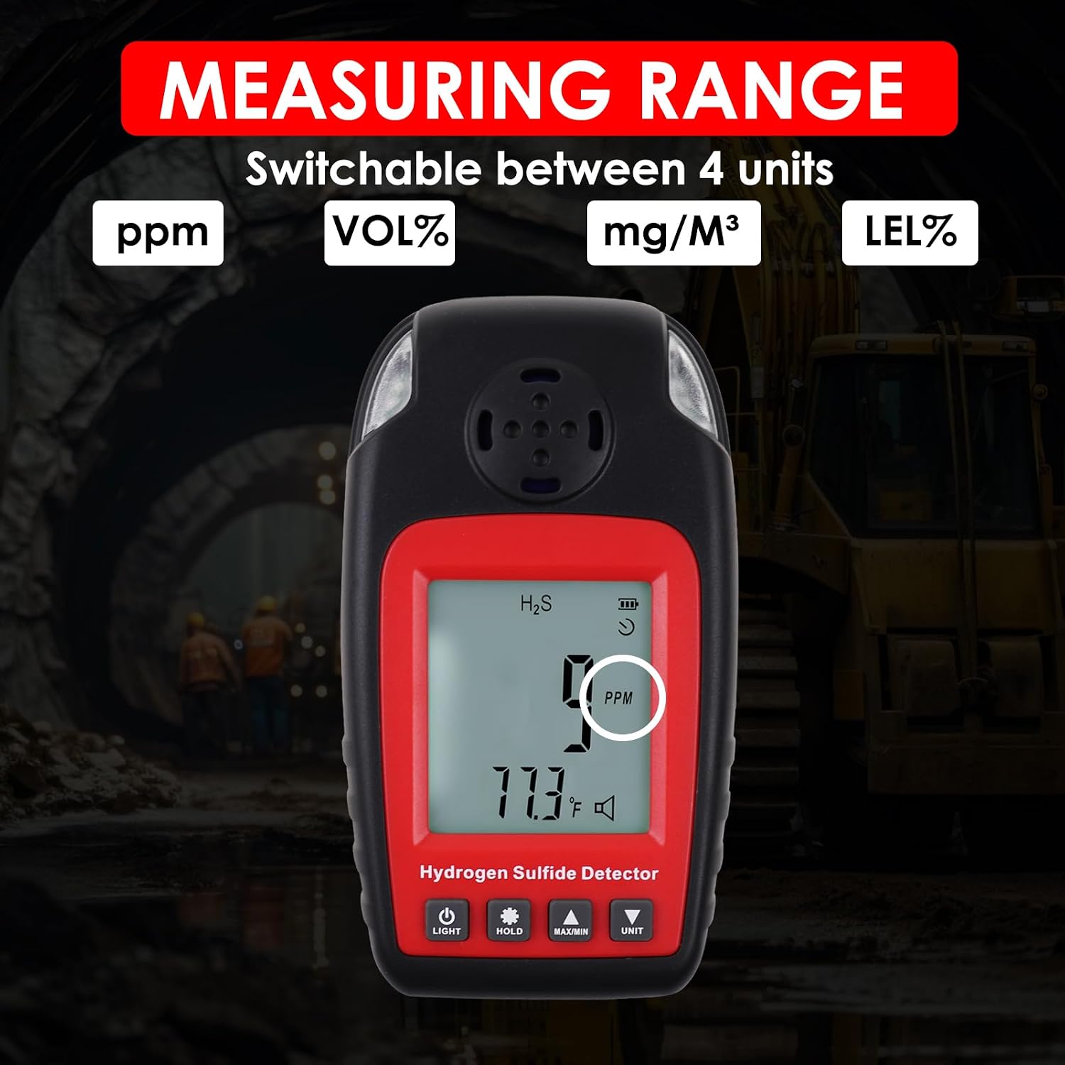 Hydrogen Sulfide Detector Portable H2S Detector Monitor with Sound and Flash Alarm 0~100ppm Electrochemical H2S Sensor with Clip and LCD Screen Backlight