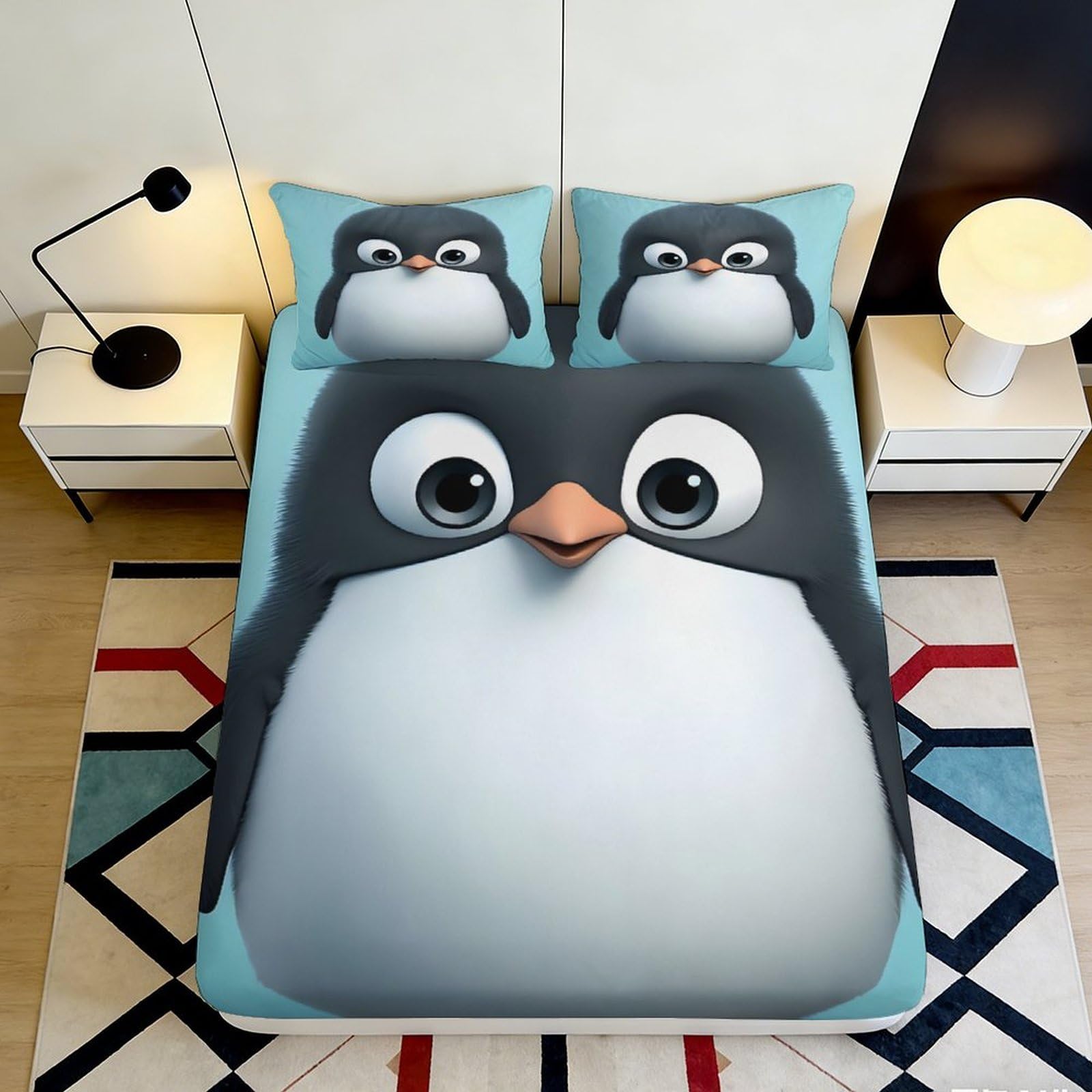 3D Printed Cartoon Penguin Fitted Sheet Microfiber Soft Breathable Animal Bed Cover for Bedroom Dorm Mattress Protection Decor 140x200x25cm