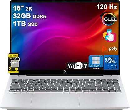 HP OmniBook 7 AI Laptop 16" 2K 2048 x 1280 OLED Touch 120 Hz, HDR 500 nits Intel Core 9 270H 32GB DDR5 1TB SSD for Creator Designer Business Professional IR Camera Win11 Pro ICP Hub