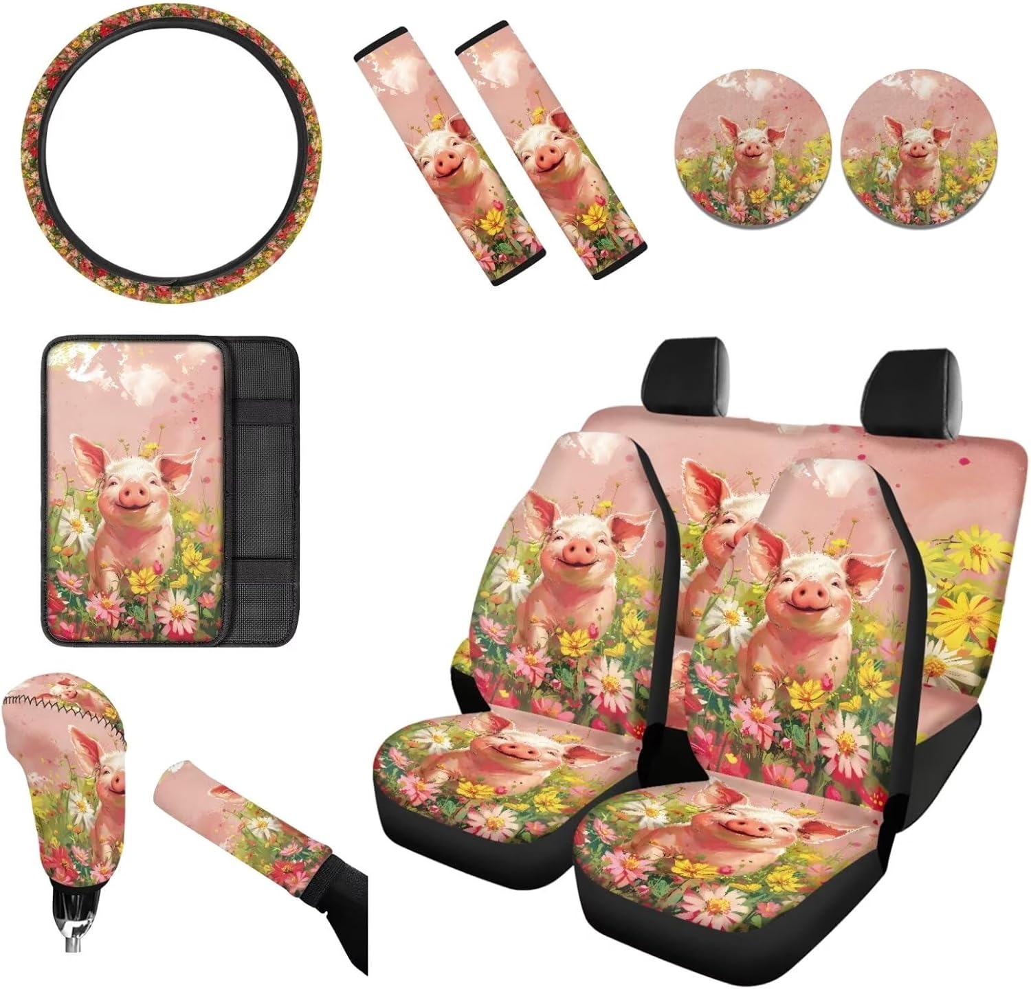 Pig Daisy Print 12 Pcs Car Seat Covers Full Sets Waterproof Steering Wheel Cover Auto Center Console Cover Seat Belt Pad Cup Holders Handbrake Gear Shift Cover