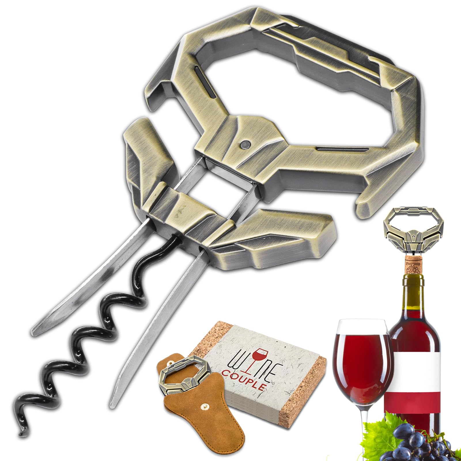 Ah So Weinöffner für Vintage Flaschen, Alter Wein Korkenzieher mit Tragbarer Lederhülle, Weinflaschenöffner für Weinkenner & Sammler zum Entkorken, Geschenk für Weinliebhaber (Bronze3)