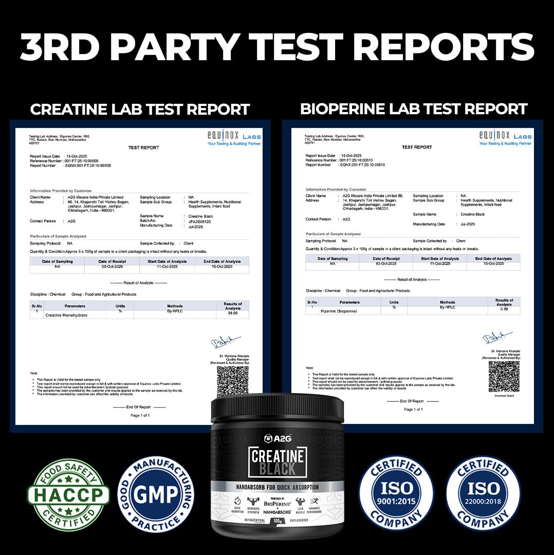 A2G Creatine Black | Micronised Creatine Monohydrate | 3g Per Serving | 33 Servings | BioPerine® + NanoAbsorb™ | Zero Bloating | Unflavoured 100g — Amazon image 4