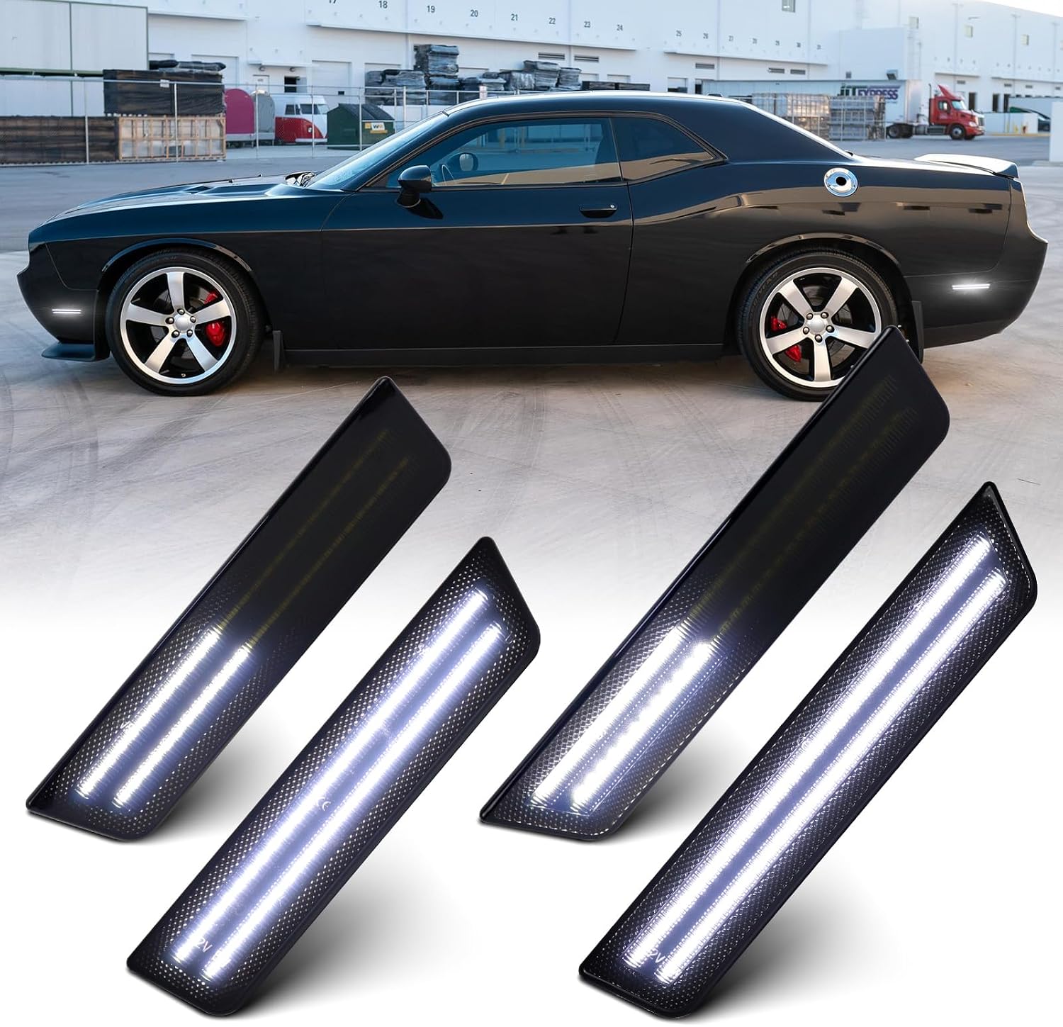 Dynamic White LED Side Marker Lights for Dodge Challenger 2008 2009 2010 2011 2012 2013 2014 Front Rear Bumper Maker Lamps 4PCS, Smoked Lens