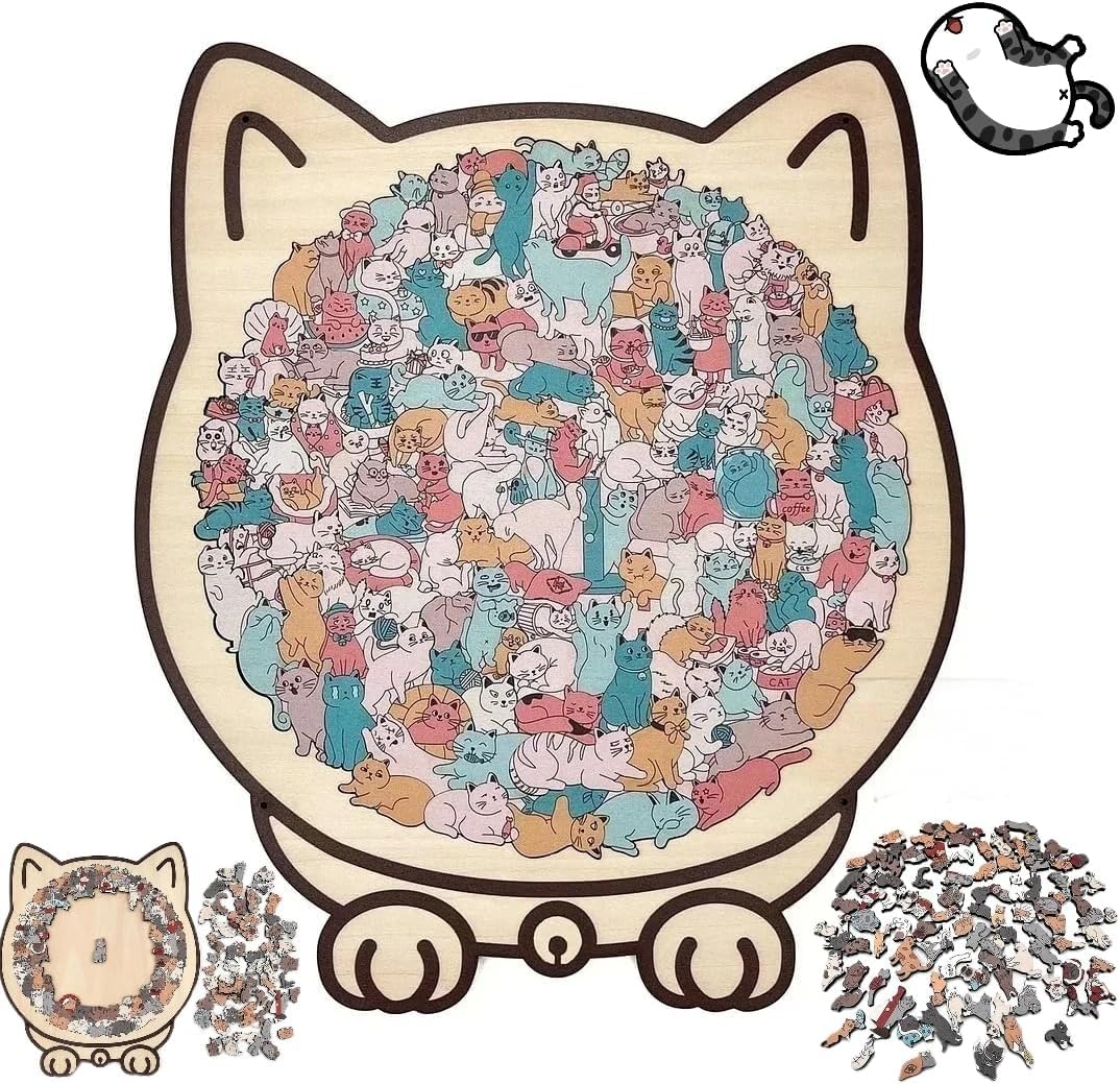 135-Piece Colored Cat Shaped Wooden Jigsaw Puzzle, Cats Shaped Wooden Puzzl e, Unique Animal Shape Wood Puzzle, Creative Gifts for Cats Lovers, Home Decor (B)
