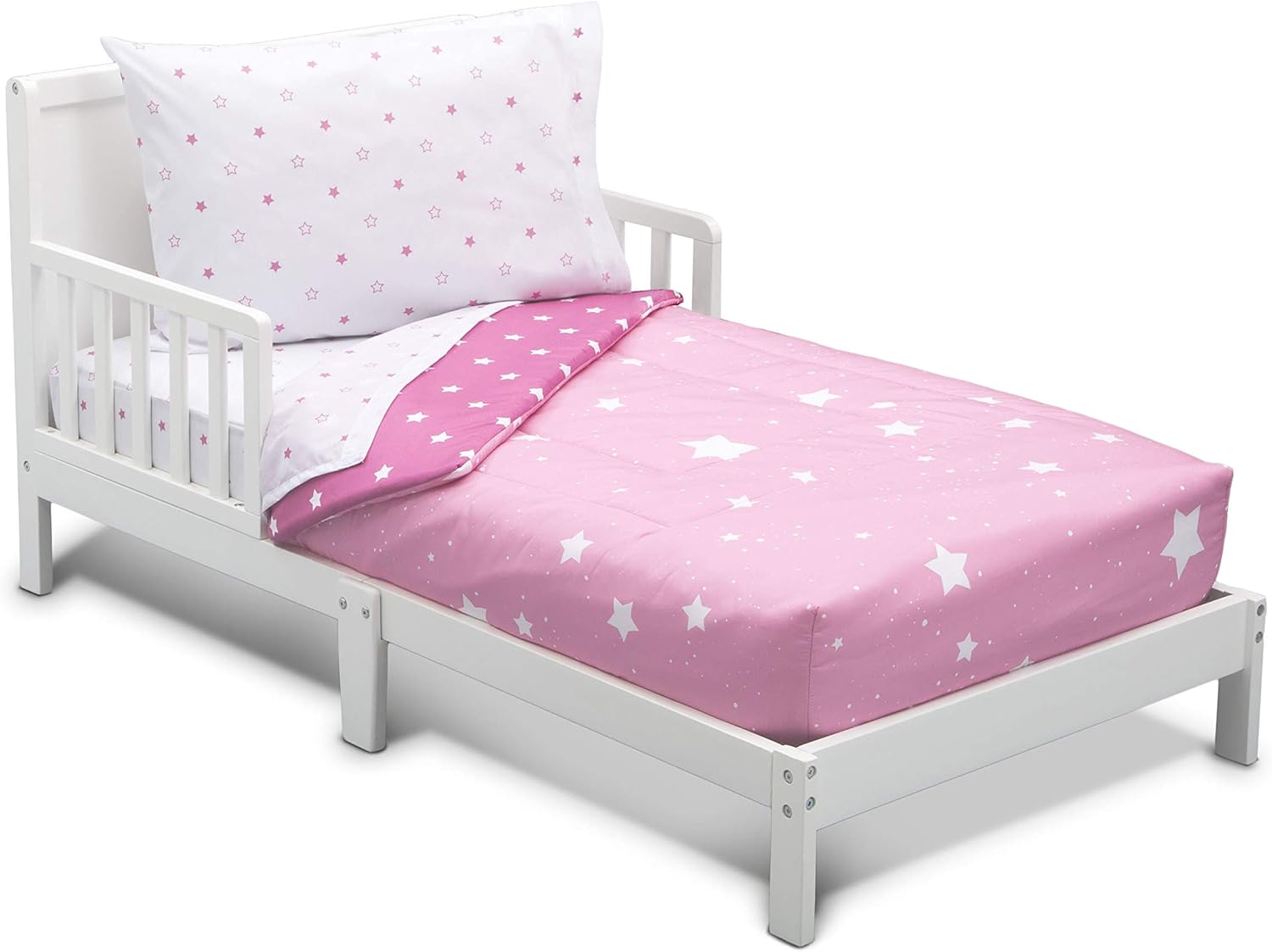 Delta Children Toddler Bedding Set | Girls 4 Piece Collection | Fitted Sheet, Flat Top Sheet w/Elastic Bottom, Fitted Comforter w/Elastic Bottom, Pillowcase, Blushing Star | Pink
