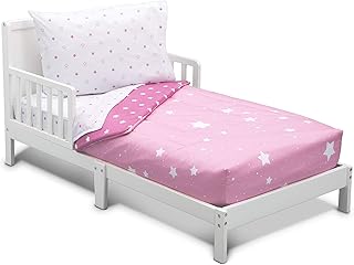 Delta Children 4 Piece Toddler Bedding Set for Girls - Reversible 2-in-1 Comforter - Includes Fitted Comforter to Keep Little Ones Snug, Bottom Sheet, Top Sheet, Pillow Case - Pink Blushing Star