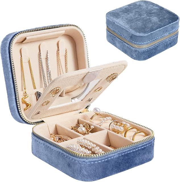 Darbermu Mini Jewelry Box Organiser, Portable Travel Jewellery Case, Velvet Double Layer Jewelry Bag with Mirror, Rings Earrings Necklace Bracelets Jewelry Gift Box Girls Women (Blue)
