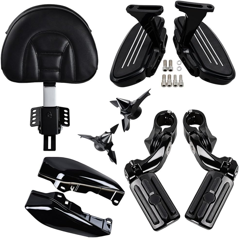 Rider Backrest Pad Pocket Kit+ Passenger Floorboards + 32mm 1.25" Engine Guard Foot Pegs w/Peg Mout Kit + Glossy Black Mid-Frame Air Deflector + Front Axle Nut Covers For 09-17 Harley Touring