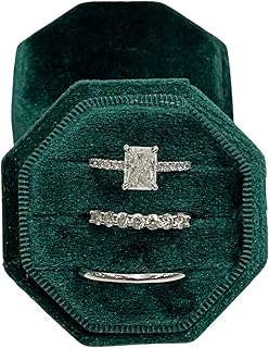 Engagement Ring Box Premium 3 Slot Octagon Wedding Ring Jewelry Box Vintage Velvet Ring Jewelry Box for Engagement & Wedding Ceremony Velvet Ring Box for Jewelry Display Ring Storage (Emerald green)