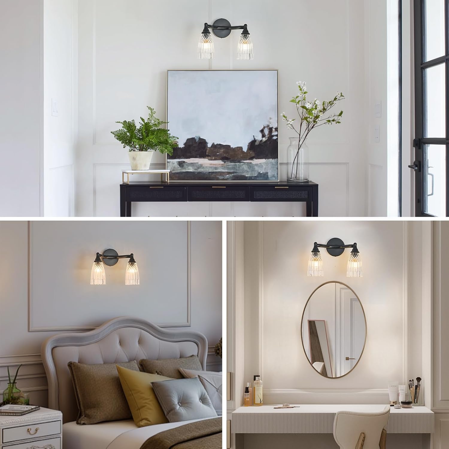 HDDFL Black Bathroom Light Fixture Modern Vanity Lighting 2 Lights Glass Wall Sconce for Bedroom Bath Living Room Hallway