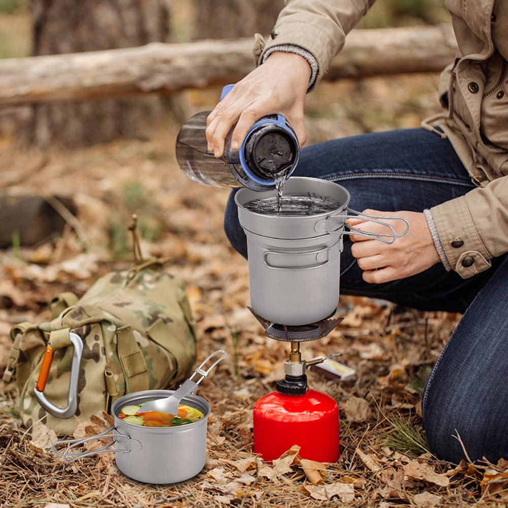Cocoarm Camping-Titan-Kochgeschirr-Set, Leichtes Titan-Camping-Kochgeschirr, 1000 Ml Topf, 750 Ml Topf, Pfanne, Löffel für Outdoor-Wanderungen, Rucksackreisen