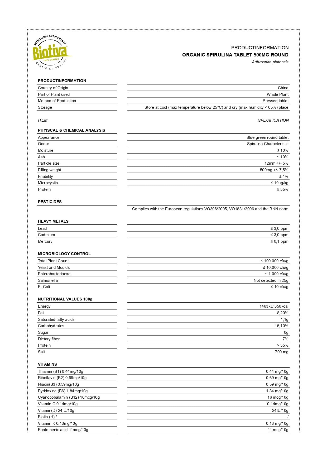 Comprimés de spiruline bio - 500g - Qualité biologique supérieure - Hautement dosé - Algue arthrospira platensis - Biotiva