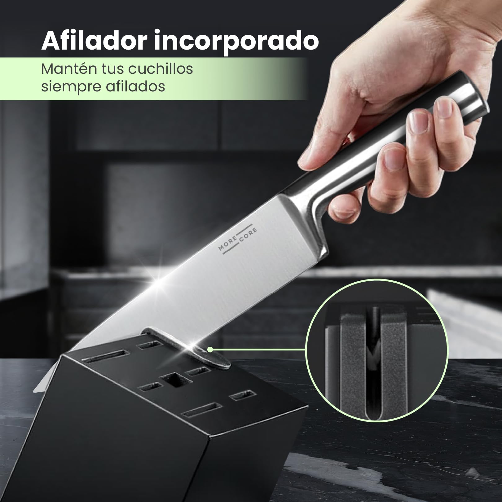 MoreCore Juego de Cuchillos de 14 Piezas, Bloque de Cuchillos con Afilador Integrado, Acero iInoxidable Alemán, Juego de Cuchillos de Chef con Bloque, Cuchillo de Cocina Profesional y Tijeras, Apto Pa