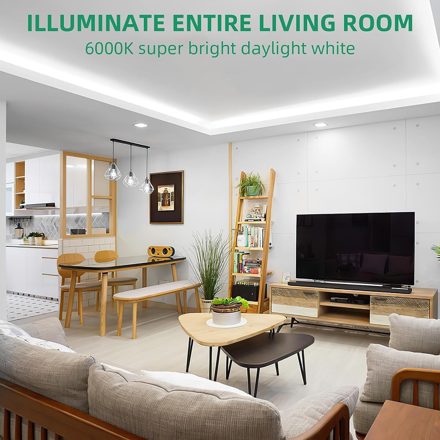 A modern living room and dining area illuminated by Lamomo LED Neon Lights installed in ceiling coves and under cabinets.