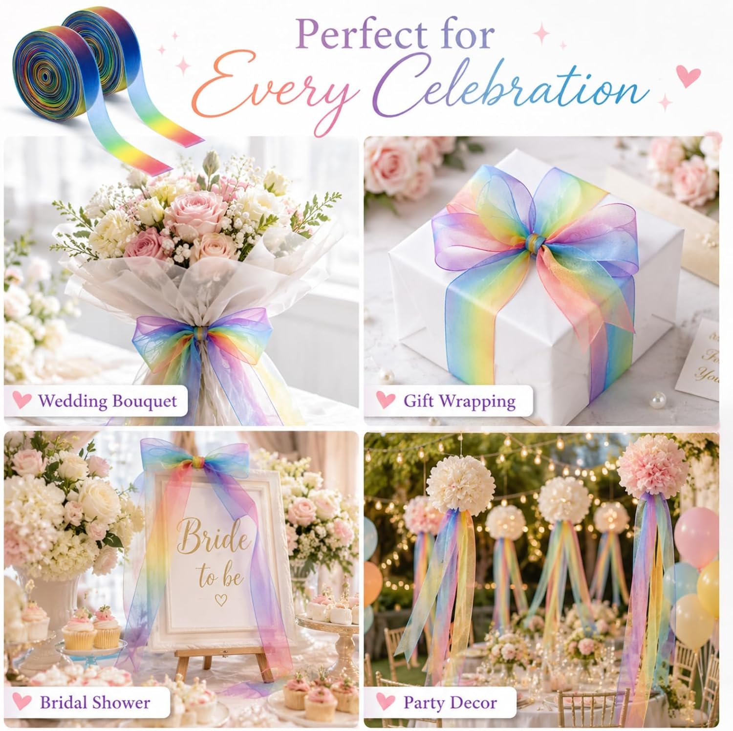Shappy 2 Pack Rainbow Sheer Organza Ribbon, 1 Inch x 100 Yard Total Chiffon Ribbon 50 Yard Per Roll for Wedding Bouquet Gift Wrapping Bridal Shower Party Decor
