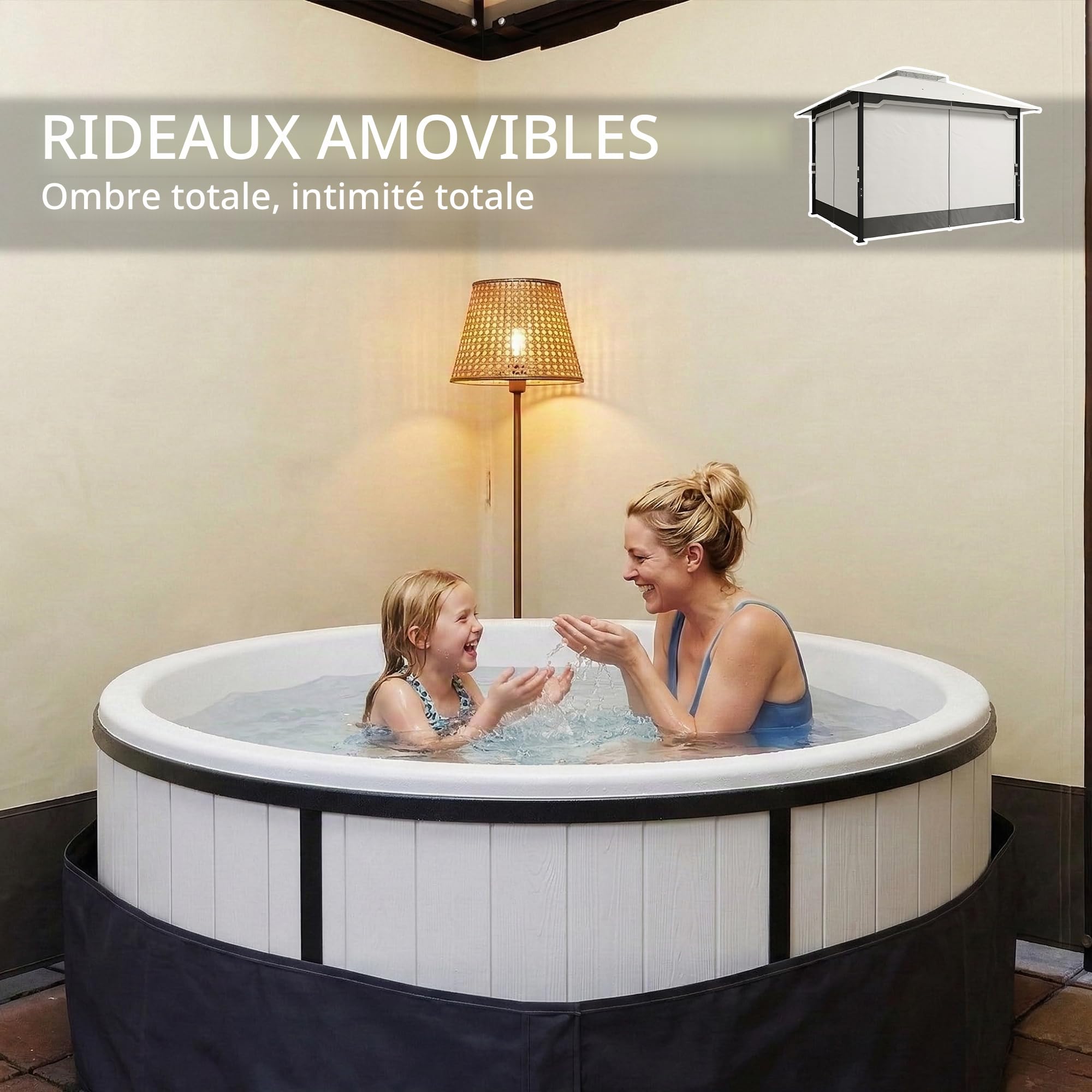 Outsunny Tonnelle de jardin 3x3,6 m, Pavillon de jardin Gazebo avec double toit, 4 parois latérales et moustiquaire, structure métallique, drainage, tente pour extérieur, terrasse, patio, gris clair