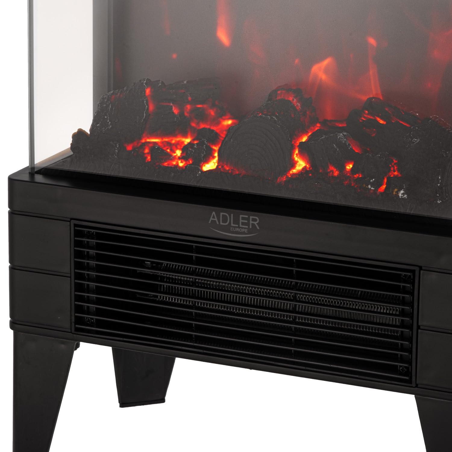 Adler AD 7755 elektryczny kominek LED 2000 W – efekt płomienia 3D, termostat 15–38°C, timer 1–12 godzin, ekran dotykowy, pilot zdalnego sterowania, nowoczesna przenośna konstrukcja, szkło hartowane