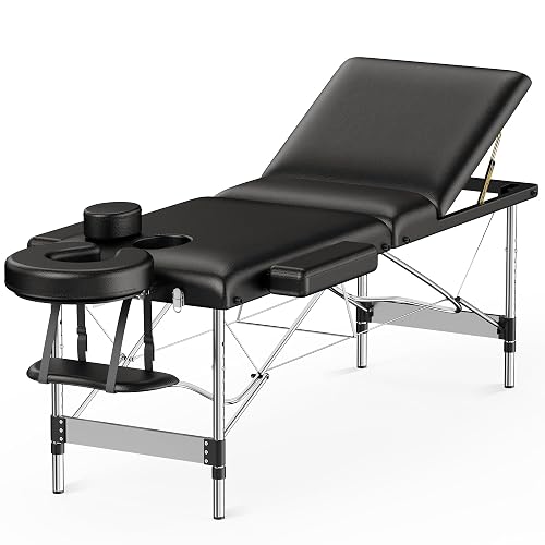 Brelley 3 Sections Aluminum Adjustable Massage Table Portable 22.8' W Black | Aluminum Frame Adjustable Height, Professi