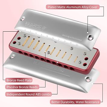 KONGSHENG Mars 10 Hole Red Diatonic Harmonica,Blues Harp,Mouth Oragn Key of Eb,Gifts for Beginners,Adults and Professional